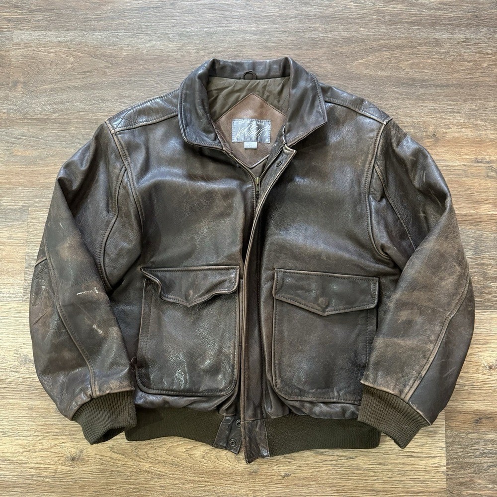 VTG Mens Shop Brown Leather Jacket Distressed Sz L Bomber Classic Trendy Flight - Picture 2 of 8